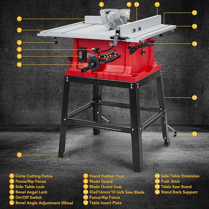Table Saw, PioneerWorks 10inch 15A 5000RPM Portable Table Saw with Stand & Safety Switch, Push Stick, 90°Cross Cut & 0-45°Cutting, PIONEERWORKS Multifunctional Table Saw for Woodworking, DIY Working