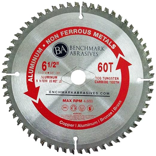 Benchmark Abrasives TCT 6 1/2 Inch Circular Saw Blade, Tungsten Carbide Tipped Non Ferrous Metal Cutting Saw Blade for Plastic, Fiberglass, Aluminum - 60 Teeth