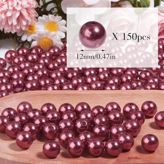 150pcs Wine Red 12mm Pearl Beads - Image 2