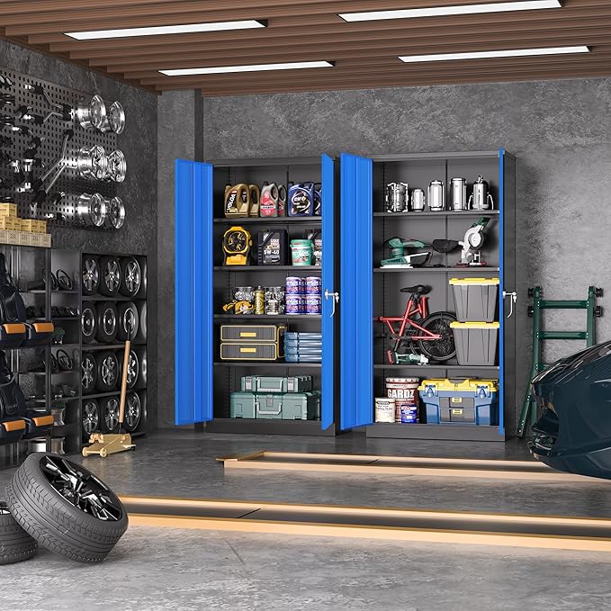 Greenvelly Metal Garage Storage Cabinet, 72" Black Blue Tool Steel Locking Cabinet with Doors and 4 Shelves, Tall Cabinets for Garage Storage Systems Lockable File Cabinet for Home Office,Garage