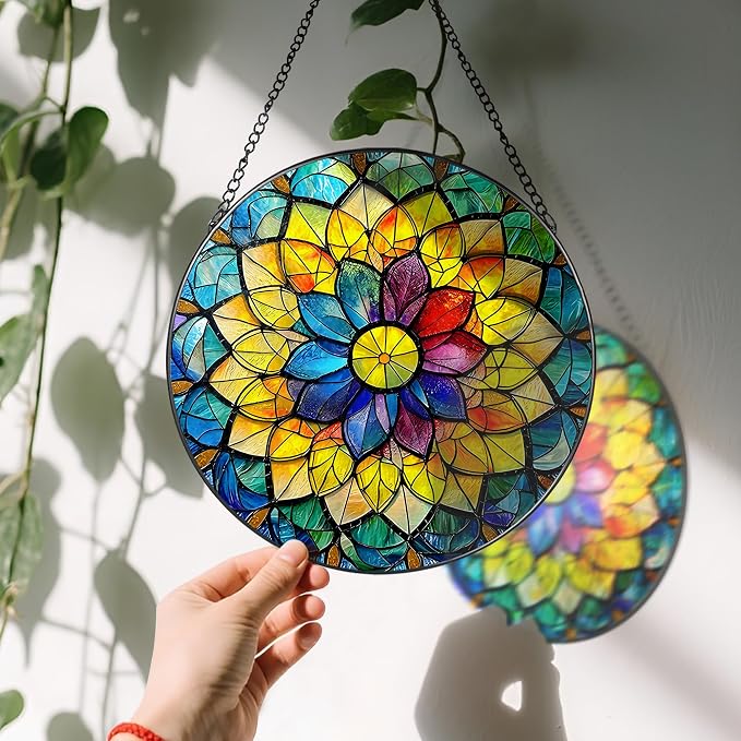 8'' Rainbow Mandala Sun Catcher Ornament, Stained Glass Window Hanging - Image 3
