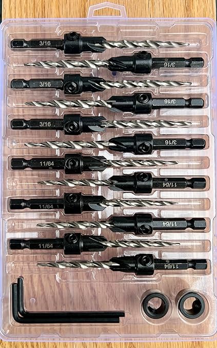 FTG USA Countersink Drill Bit Set 6 Pc #8 (11/64"), 6 Pc #10 (3/16") Tapered Countersink Bit, Stop Collar, Hex Wrench, Woodworking Countersink Drill Bits