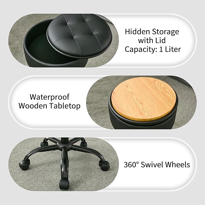 Drafting Chair with Storage, Adjustable Leather Drafting Stool 20.67"-24.61", Black Rolling Office Stool