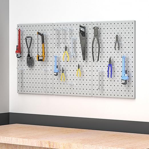 Metal Pegboard Panels 16×12 Inch, Wall-Mounted Tool Organizer Boards, Modular Pegboards for Garage, Workshop, Kitchen, Workbench, or Storage Room (3 PCS, Grey)