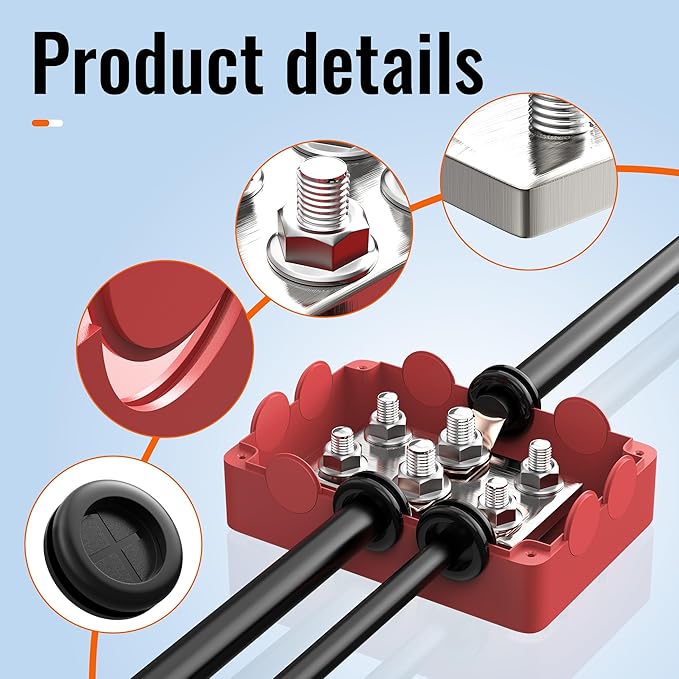Joinfworld Heavy Duty 500A Bus Bar Waterproof Power Distribution Block with 4*5/16"(M8)+2*3/8"(M10) Studs 48V DC Automotive Marine Battery Terminal Distribution Block with Cover - Negative&Positive
