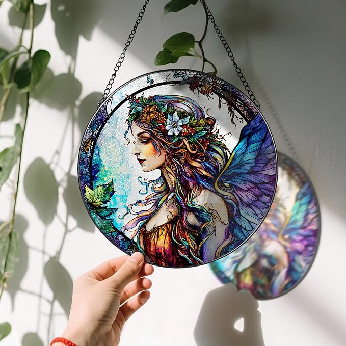 Stained Glass Window Hanging, LAOWEIKI 8'' Fairy Suncatcher, Stained Glass - Image 3