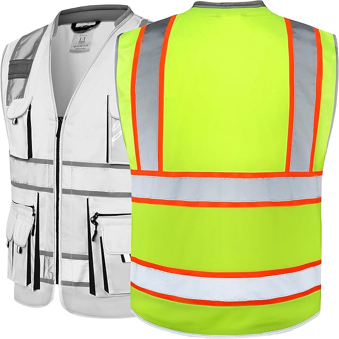 JKSafety 10 Pockets Class 2 Hi-Vis Zipper Front Yellow Safety Vest | Cushioned Collar | High Reflective Tapes with Extended Neon Orange Strips | Meets ANSI/ISEA Standards (4X-Large, 89-Yellow)