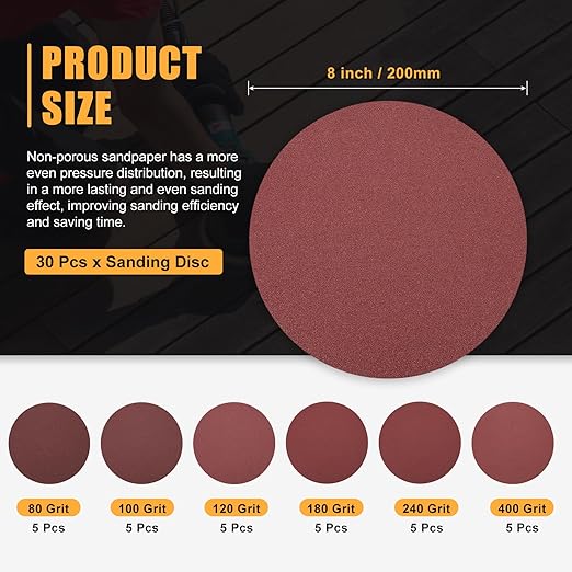 30 Pcs 8 Inch Sanding Disc 80/100/120/180/240/400 Grit Round Hook and Loop Sandpaper for Random Orbital Sander Automotive Car