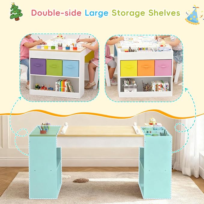 Kids Art Table and 2 Chairs Set, Wooden Craft Desk - Image 8