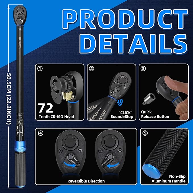 1/2-Inch Drive Click Torque Wrench, Dual-Direction Click Professional Torque Wrench 25-250FT.LB/33.9-339N.M, Dual Range Scales Graduated in FT.LB and N.M, Blue
