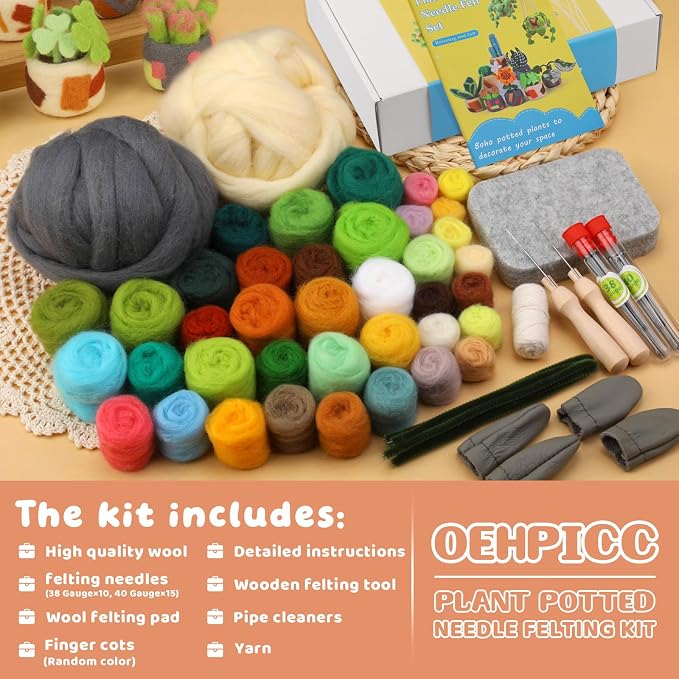 OEHPICC Needle Felting Kit, 10 Pack Plant Pot Needle Felting Starter Kit | - Image 2