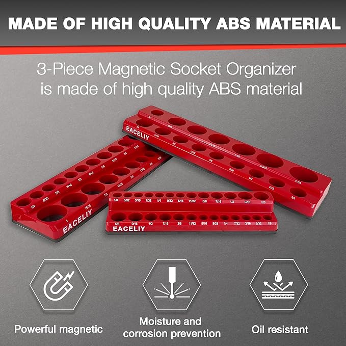 3Pcs 1/2", 1/4" and 3/8" Magnetic Socket Organizer Set,SAE Socket Holder Kit, Socket Trays，holds 68 Deep and Shallow 3/8" Sockets(sockets not included)