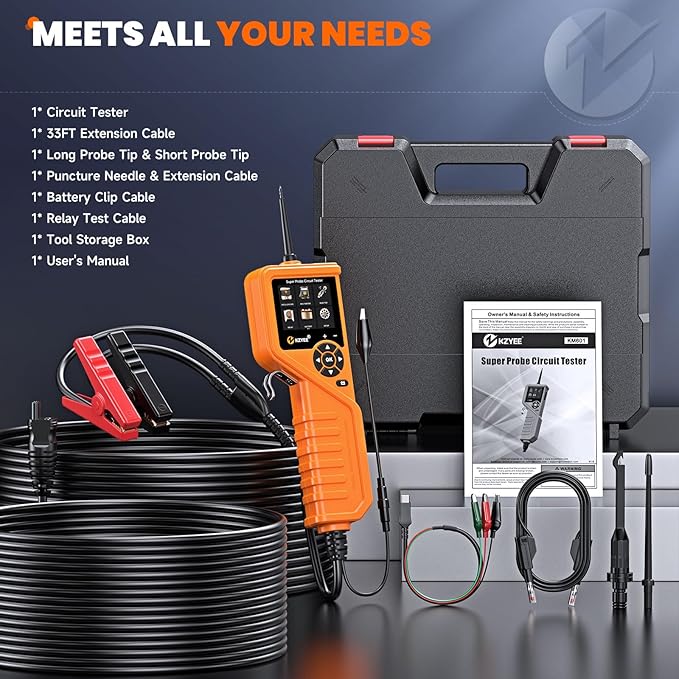 KZYEE KM601 Power Circuit Probe Kit, 12V-24V Automotive Circuit Tester with Battery Test, Multimeter, Oscilloscope, Fuel Injector, Short Circuit Finder, Component Activator, Current Probe, 30FT Cable