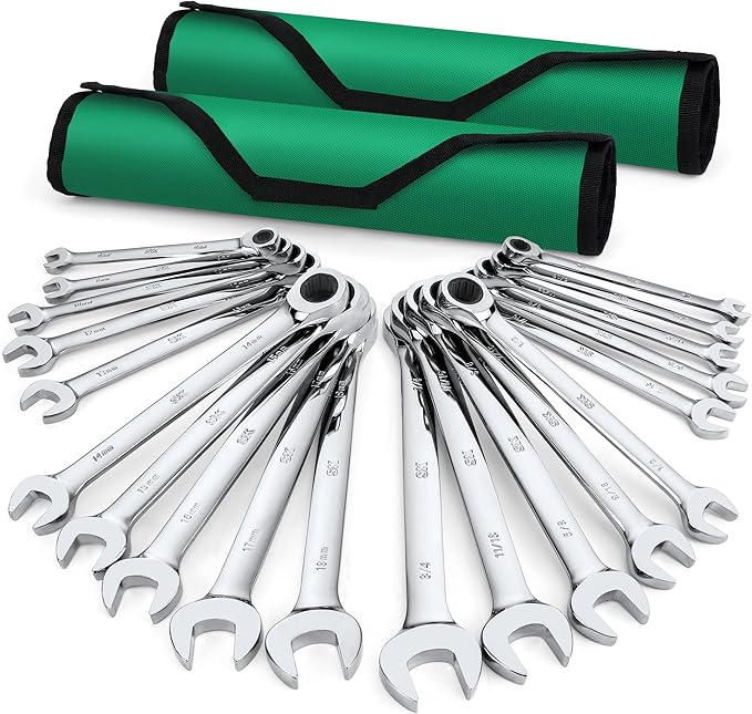 SK Ratcheting Wrench Set, Combination Wrench Set, 20-Piece, SAE 1/4" to 3/4", Metric 6 to 18mm, 72-Tooth, Premium CR-V Construction, with Rolling Pouch