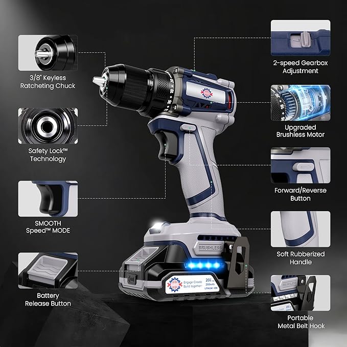 20V Cordless Drill Kit, 620 in-lbs Torque, 3/8" Keyless Chuck, Brushless Power Drill with 2.0Ah Battery and Charger, 2+1 Variable Speed, 20+1 Position Electric Drill Driver with LED, Belt Hook, Bag