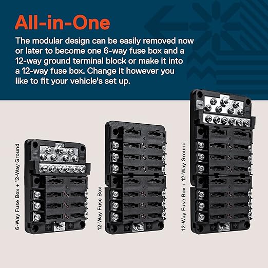 True Mods 12 Way Fuse Block with 12 Ground Negative Busbar for Automotive [12V - 32V DC] [100 Amp Max] [Modular Design] [ATC/ATO Fuses] [LED Indicator] Auto Marine Ground Terminal Fuse Box
