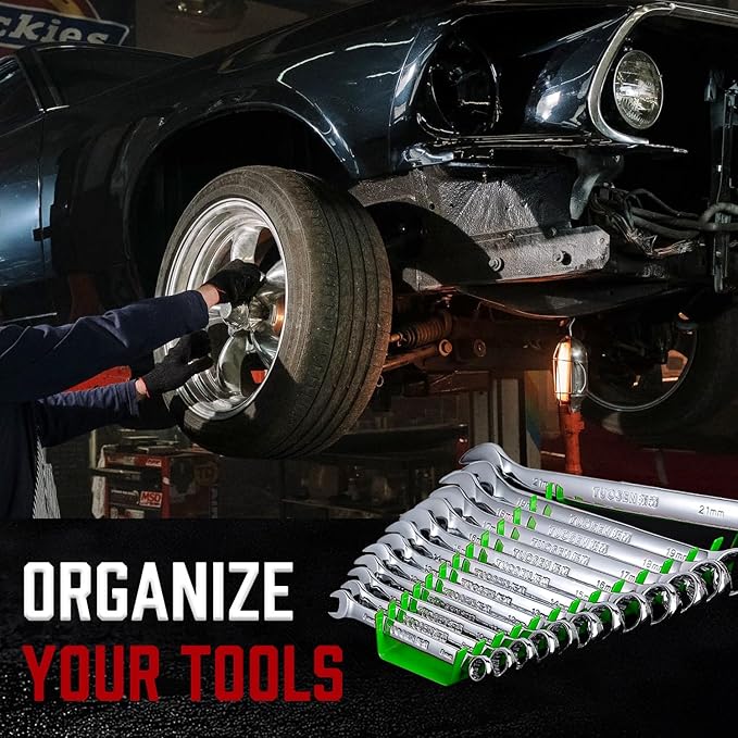 ALOANES 52-Slot Metal Wrench Organizer, Heavy Duty Wrench Organizer Tray for Tool Box, Fit SAE & Metric Wrench Storage, 4 Pack Wrench Holders(Green)