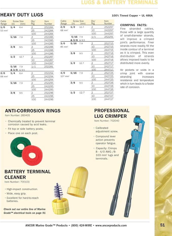 Ancor Marine Grade Tinned Copper Lugs, Sizes 8 AWG to 4/0 AWG