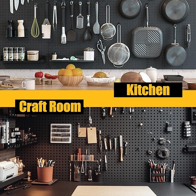 Peg Board, 4 Pack Metal Pegboard Panels Black Pegboards Wall Organizer with Bent Frame Heavy Duty Peg Board for Walls Home, Garage Tool Storage, Office Organization, Craft Room, Kitchen
