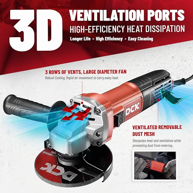 DCK 9.2 Amp Angle Grinder, 4-1/2 Inch Electric Grinder Power Tool, 11800 RPM, Auxiliary Handle and 2 Safety Guards, 6 Piece Discs, Copper Angle Grinder for Cutting, Grinding, Polishing (KSM17-115B)