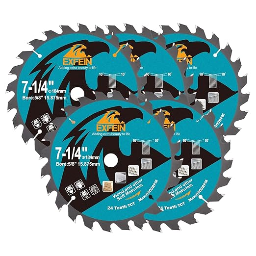 7-1/4 Inch Miter/Table Saw Blades 5pcs, 24 Teeth ATB TCT Fine Finish Wood Cutting Circular Saw Blade with 4/5 Inch Arbor