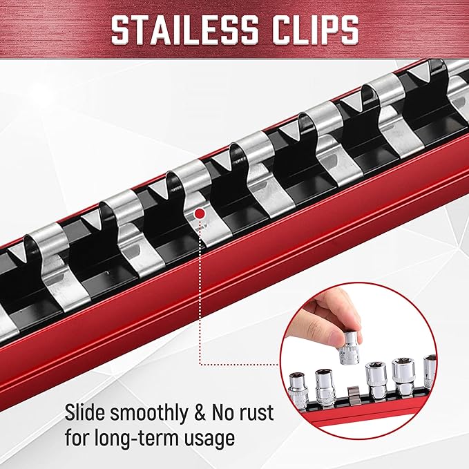 ALOANES 3-Piece Magnetic Socket Organizer, Heavy Duty Aluminum Socket Rails Organizer, Socket Rail Holder for Tool Box, 1/2, 3/8, 1/4-Inch Socket Holder x 39 Stainless Clips (Red)