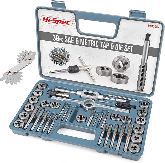 Hi-Spec 39 Piece SAE & Metric Tap & Die Set. Complete M3 to M12 / #4 to 1/2in Fine & Coarse Tools to Cut, Chase and Thread with Screw Pitch Gauge in a Tray Case