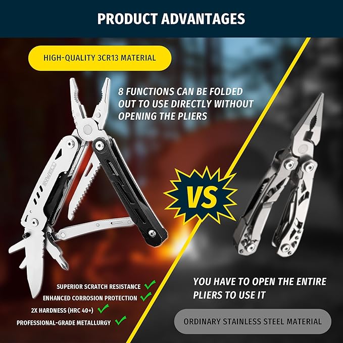 12-in-1 Multitool Pliers with Safety Lock, Fire Starter & Whistle, Stainless Steel Pocket Knife, Camping Multitool with Detachable Scissors for Outdoor Survival, EDC Gear