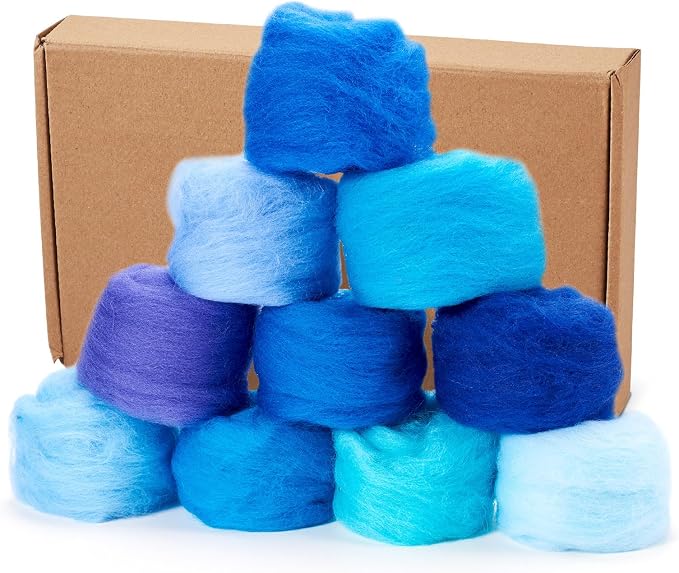 FASHEWELRY 1.76 OZ Wool Felt Kit Blue Theme Needle Felting Wool Roving 10 by FASHEWELRY
