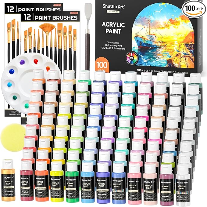 Shuttle Art 100 Colors Acrylic Paint, 2oz/60ml Bottles, Include 2 Sets of 12 by ShuttleArt