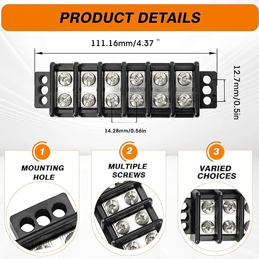 Terminal Blocks Double Row Stainless Steel 10-22 AWG Copper 600V/30A Rated 2-14 Poles Neat Circuit Solution 1 Pack TBD (6 Poles)