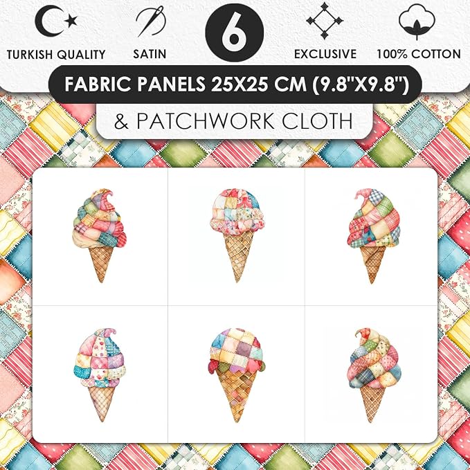 Patchwork Ice Cream Cotton Fabric Panel – 6 Designs + Bonus Sheet 29.5×19.6 inch - Image 3