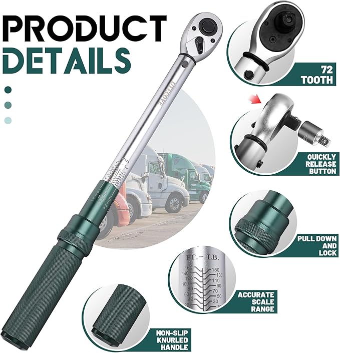 1/2-Inch Drive Click Torque Wrench, Torque Wrench 1/2 Drive 10-160FT.LB/13.6-217N.M with a XIPE Storage Tray, Green