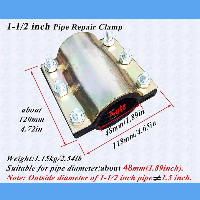 Water Pipe Repair Clamp for 1-1/2 inch Pipe(OD of Applied Pipe is 1.9 inch),Leak Sealer for Pipes and Plumbing,Length 4.72 inch,Suitable for PE/PPR/Steel/Iron Pipe