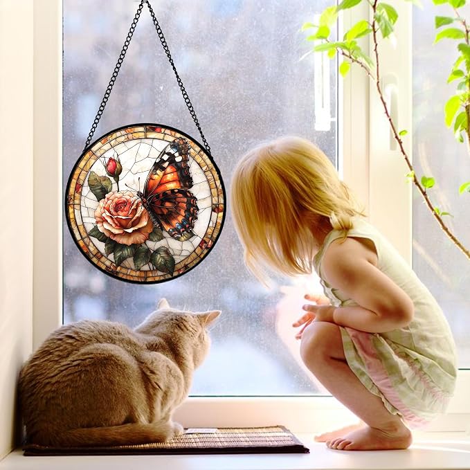 DASTOLL Stained Glass Window Hanging, Butterfly Picking Flowers Suncatcher - Image 3