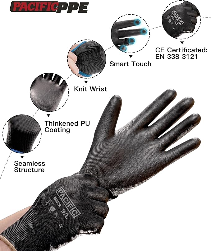 PACIFIC PPE Work Gloves PU Coated-18 Pairs, Touchscreen Working Gloves for Men and Women, Mechanic Gloves, Lightweight, Black, Medium
