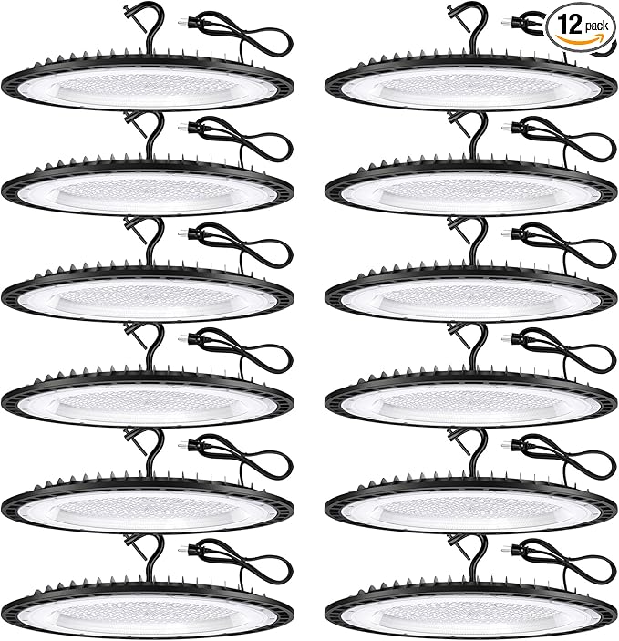 12 Pack 300W UFO Led High Bay Light Fixture,120V,5000K Daylight Commercial Shop Bay Lighting,45000LM,[1300W MH/HPS Equiv.] US Plug Area Lighting for Warehouse/Barn/Gym/Factory/Workshop/Garage