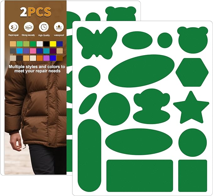 Azobur Down Jacket Repair Patches-Waterproof, Self-Adhesive,Nylon Fabric Patches for Puffy Jackets, Rain and Snow Gear, Tents, Sleeping Bag and More(Green，2pcs)