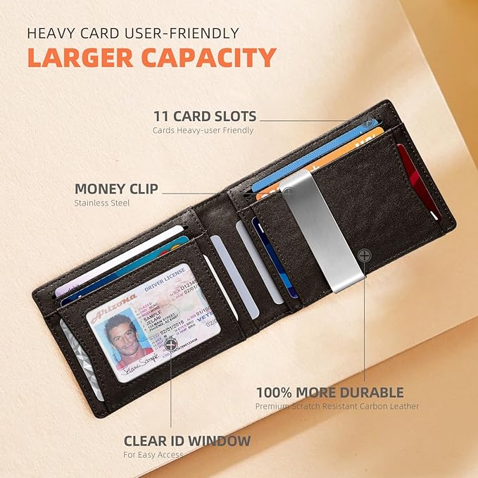 RUNBOX Slim Wallets for Men - Leather Money Clip Mens Wallet - RFID Blocking Front Pocket Bifold Wallet - Thin Credit Card Holder with Gift Box