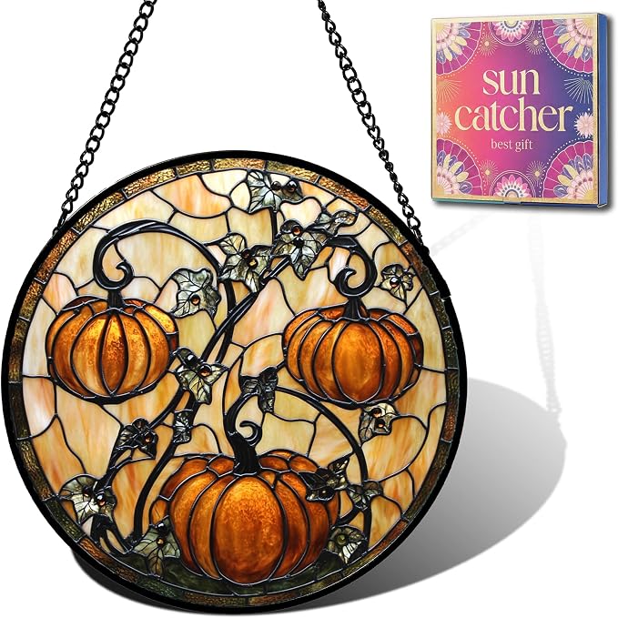 Orange Pumpkin Acrylic Suncatcher Faux Stained Glass Window Hanging 6.3" | by Unknown