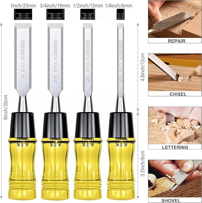 GREBSTK 4-Piece Ultra-Sharp Wood Chisel Set, CR-V Steel Beveled Blades - Image 2