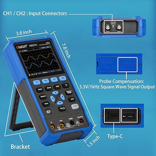 HDS272 Oscilloscope, 70MHz Bandwidth Dual Channel Oscilloscope Multiumeter, 2 in 1 Function 20,000 Counts Multiumeter 3.5" LCD for Electronic Measurement Circuit Design, Test, Repair