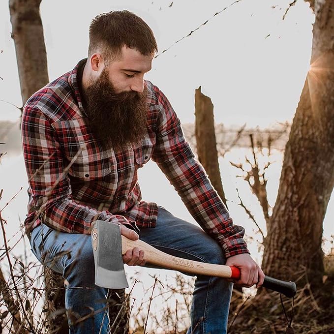 Yankee Axe - German Forester's Axe with Leather Sheath, 3.5 lb Head, Anti-Slip 31.5" Hickory Handle with Red Stripe
