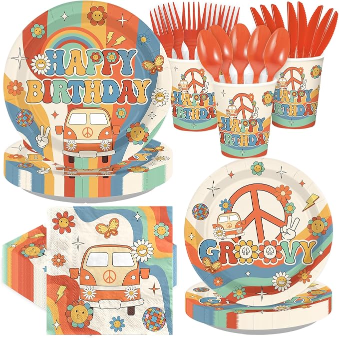 168 Pcs Groovy Birthday Party Decoration Retro Groovy Hippie Plates Napkins by Greencian