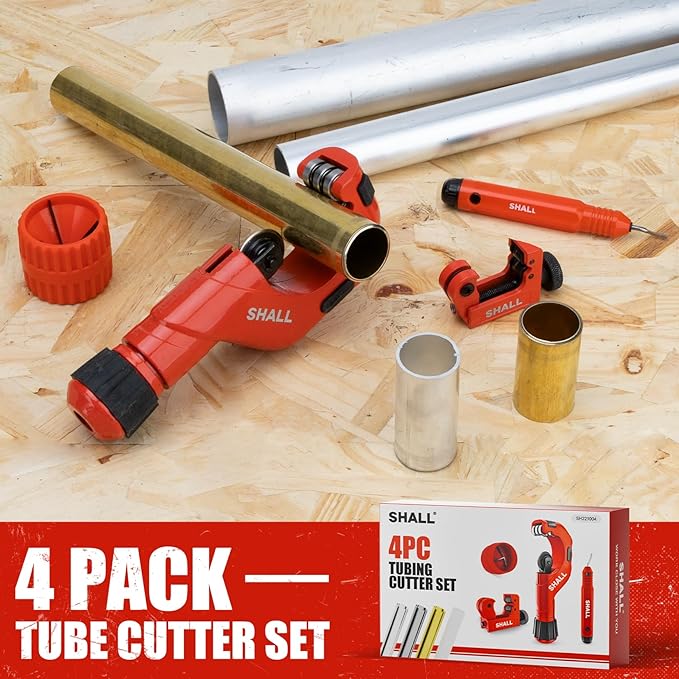 SHALL 4-Piece Tubing Cutter Set, 1/4’’ to 2’’OD Heavy Duty Copper Pipe Cutter, 1/8’’ to 7/8’’ Mini Tube Cutter, Deburring Tool & Inner Outer Pipe Reamer for Copper, Aluminum, Stainless Steel, PVC Pipe