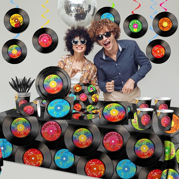 142Pcs Record Theme Tableware Set, Tablecloth, Hanging Swirls Record Banner - Image 3