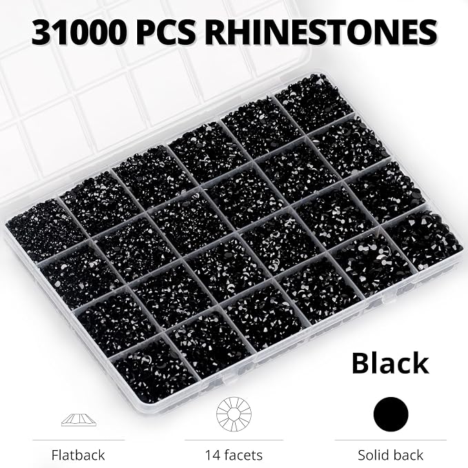 33000Pcs Black Rhinestones for Bedazzling, Different Size 2, 6mm Flatback Gems - Image 3