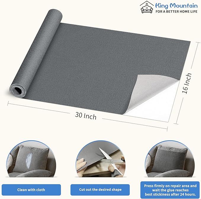 KING MOUNTAIN Canvas Repair Patch 16×30 Inch Self-Adhesive Waterproof Fabric Patch for Sofas, Tents, Furniture,Tote Bags, Car Seats (Charcoal Grey)