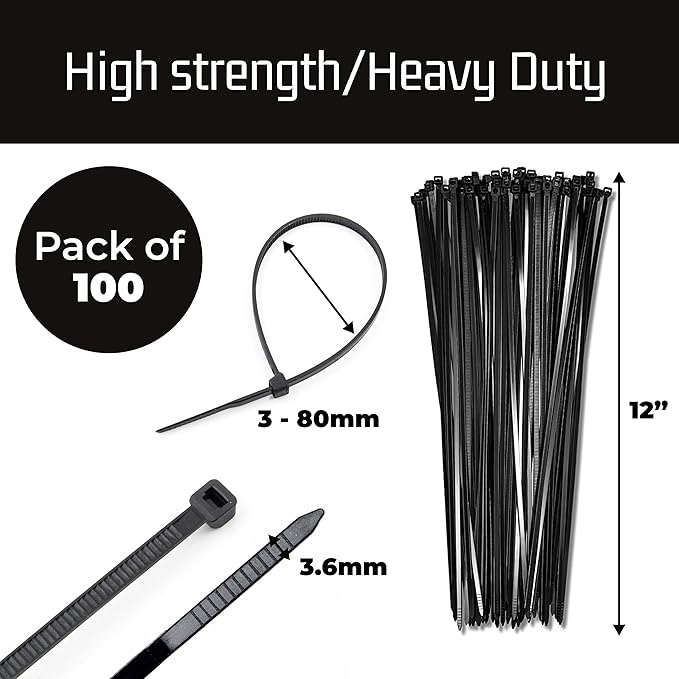 Bolt Dropper 12-Inch Black Zip Ties 100 Pack - Heavy Duty, Self-Locking Nylon Cable Ties for Indoor and Outdoor Projects - UV and Weather Resistant with 40 lbs Tensile Strength Wire Ties