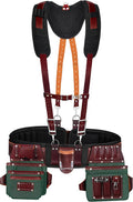 FUERI Tool Belt Men Heavy Duty 26 Pocket Tools Bags Pouches Holder Organizer for Carpenter Construction Electrician Framer Nylon Leather (Maroon & Green Tool Belt Suspender, Extra Large 42" - 48")